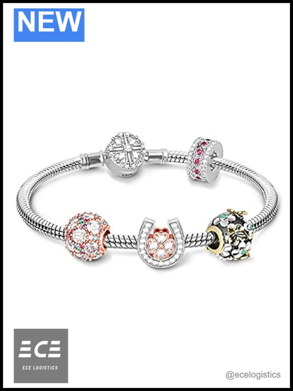 S925 Sterling Silver Snake Chain Charm Bracelet Flower Bead Bangle with Clasp